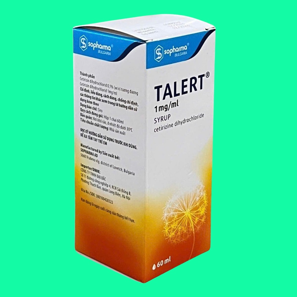 Talert cetirizin dihydrochlorid 1mg/1ml Sopharma (Lọ/60ml) date12/2026