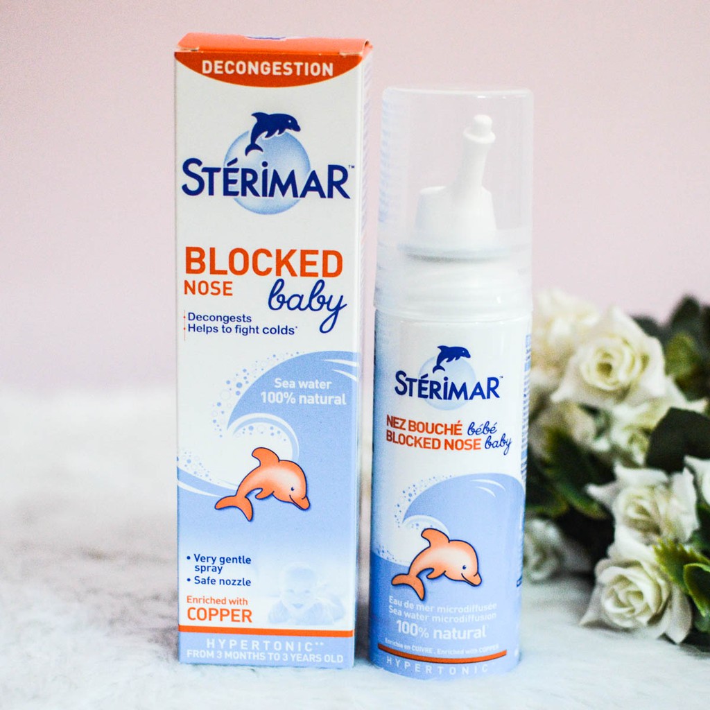 Sterimar Blocked Nose Baby Xịt Muối Biển TE Cá Heo Cam Fumoze (Lọ/50ml) Date 05/2027