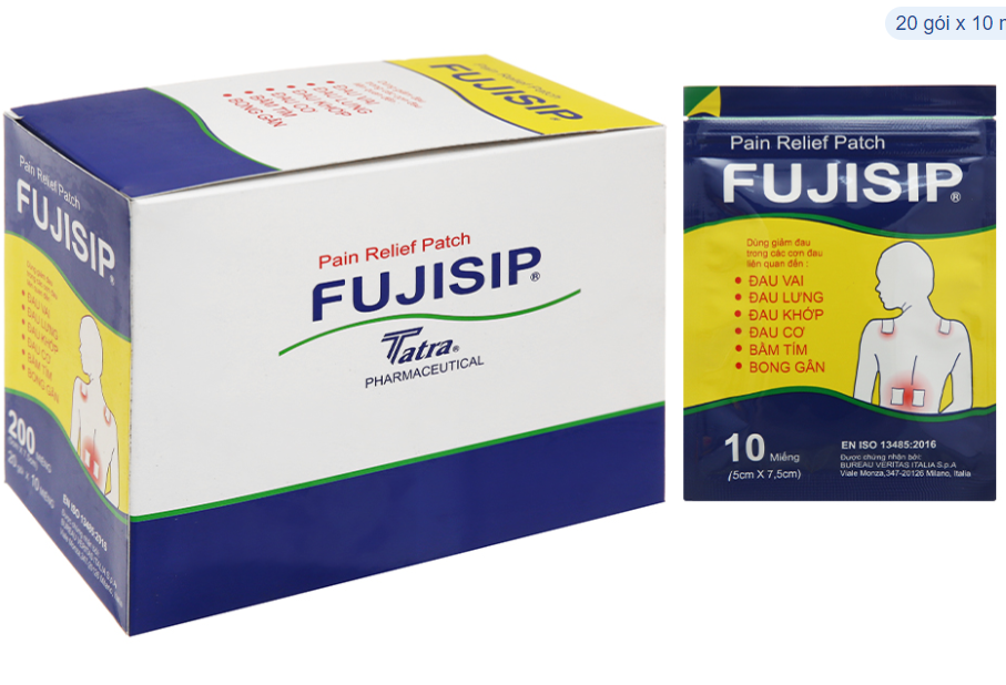 [T10819] Fujisip cao dán giảm đau Thiên ân 5cm x 7,5cm (H/20gói/10miếng) màu vàng
