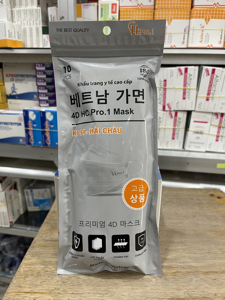 [T13678] Khẩu trang KF94 4D HC.Pro.1 Mask - 4 lớp xám Hải Châu (Túi/10 cái) Date 12/2025 