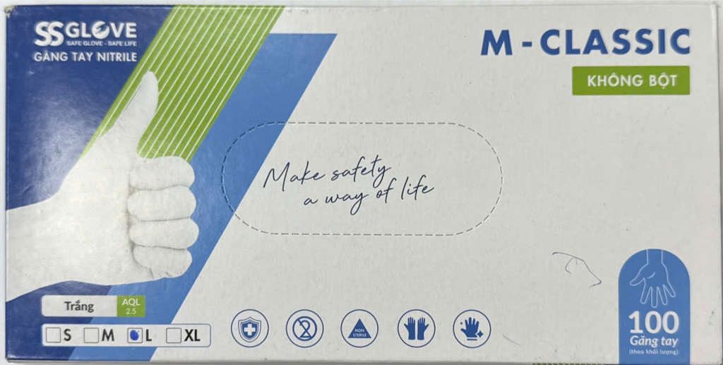 [T13887] Găng tay cao su y tế M Classic size L không bột SSGlove (H/100c)