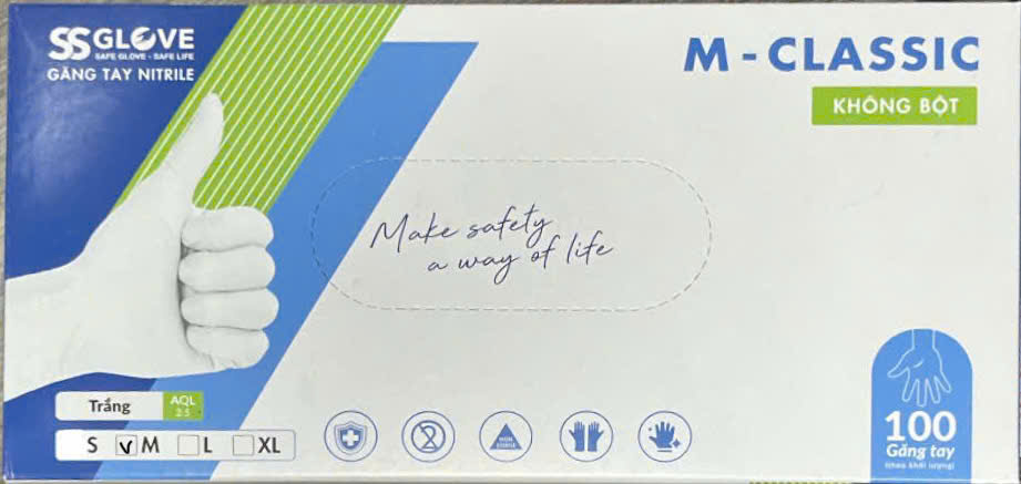 [T14070] Găng tay cao su y tế M Classic size M không bột SSGlove (H/100c) màu trắng 